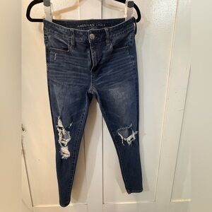 American Eagle Outfitters Women's Dark Blue Ripped Skinny Jeans